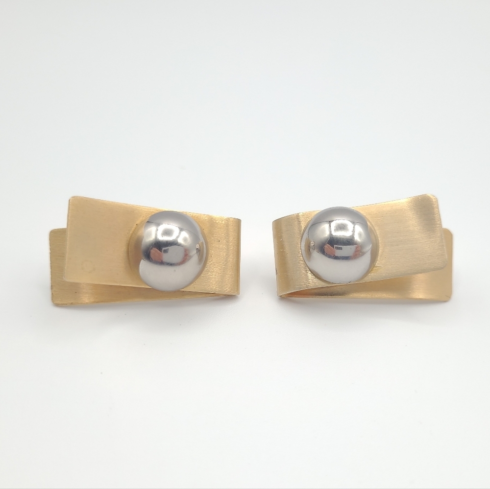 Vintage 80s Gold Sculptural Earrings | Silver Dome Accent | Post Back Statement